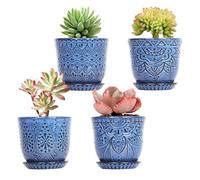 Gepege Succulent Pots, 4 Inch Small Indoor Ceramic Planter Pot with Drainage Holes and Saucers for Plants- Blue - Set of 4