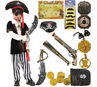 Geplaimir G036-L Pirate Costume Children's Boys 12 Pieces Luxury Accessory Set Pirate Hat Eye Patch Moustache Pirate Costume Accessories for Carnival Halloween Party 4 5 6 7 8 9 10 Years Old