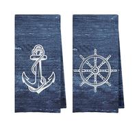 Geqtt Navy Nautical Dish Towels Set - Nautical Waffle Weave Hand Towels for Bathroom, Nautical Kitchen Tea Towels, Ocean Themed Navy Blue Hand Towels (16x24 Set of 2)