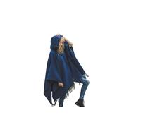 Ger3as Women's Hooded Poncho 100% Wool Cape for Women 130x190cm Made of Knitted Material with Hood Ruana Coat Fleece Wrap (Dark blue)