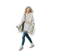 Ger3as Women's Scarf Shoulder Made of 100% Wool with Pockets - Poncho Stole 65 x 180 cm + Fringe & Shawl (Beige stripes)