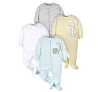 Gerber 4 pack Baby Neutral ANIMALS Zip Front Sleep ‘n Plays with Mitten Cuffs