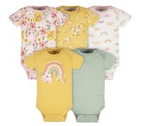 Gerber Baby Girls' 5-Pack Short Sleeve Onesies Bodysuits Shirt, Golden Floral, 12M