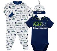 Gerber NFL Seattle Seahawks 3 Pack Bodysuit Sleep n Play Footie Cap Registry Gift Set blue/white Seattle Seahawks 0-3M
