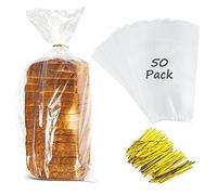 Gere Large Bread Bags with Ties, 8 x 4 x 18, 50 Pack, Clear, Reusable, Bulk Bread Bags for Homemade Bread, Plastic Bakery Bags, Clear Bread Loaf Packing Bags