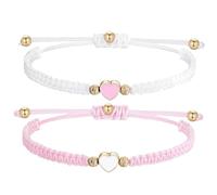 Gerhua 2Pcs Couple Handmade Cord Bracelet,Heart Friendship Bracelets,String Adjustable Long Distance Matching Bracelets,Bracelet/s for Couples and Best Friend,Braided Rope Bracelet(White+Pink)