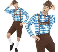 Smiffys Bavarian Beer Man Costume, Blue & Brown with Shirt & Lederhosen, Oktoberfest Fancy Dress, Adult Dress Up Costumes