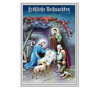 German Christmas Cards - Fröhliche Weihnachten - Merry Xmas Greetings in German language - Holy Family Religious Vintage design - Best Wishes to Germany - Blank inside to write own message