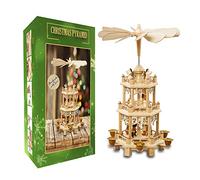 German Christmas Decoration Pyramid 18 Inches - Wood Nativity Scene Set - Under The Christmas Tree and Table Top Holiday Décor-Nativity Play 3 Tiers Carousel with 6 Candle Holders - German Design.