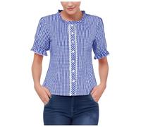 German Dirndl Shirt for Women Women's Rockabilly Tops 1950s Pinup Plaid Peasant Round Neck Ruffles Beer Girl Dress Blouse Peplum Gingham T-Shirt Halloween Outfit, Blue, XXL