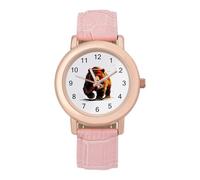 German Flag and Grizzly Bear Women's Leather Watch Easy Reader Minimalist Wristwatch Pink Rose Gold Strap Watches