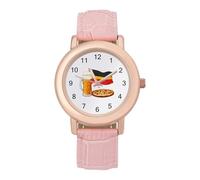 German Flag Beer and Pizza Women's Leather Watch Easy Reader Minimalist Wristwatch Pink Rose Gold Strap Watches