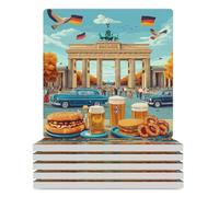 German Flag Food Beers Square Ceramic Coasters for Drinks Cork Base Art Coasters Gift for Housewarming Home Bar Decor 6PCS