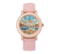 German Flag Food Beers Women's Leather Watch Easy Reader Minimalist Wristwatch Pink Rose Gold Strap Watches