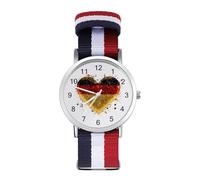 German Flag Heart Glittery Woven Strap Watch Multicolor Wristwatch Easy Reader Analog Watches for Men Women Birthday Gift