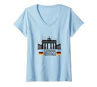German Heritage Brandenburg Gate Berlin Pride Patriotic V-Neck T-Shirt, Women, Baby Blue, S