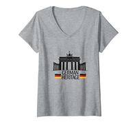 German Heritage Brandenburg Gate Berlin Pride Patriotic V-Neck T-Shirt, Women, Heather Grey, XXL