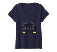 German Heritage Brandenburg Gate Berlin Pride Patriotic V-Neck T-Shirt, Women, Navy, XL