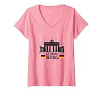 German Heritage Brandenburg Gate Berlin Pride Patriotic V-Neck T-Shirt, Women, Pink, L