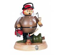 German incense smoker forest worker with power saw on support, height 18 cm /...