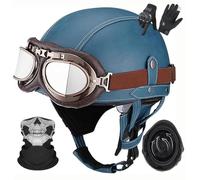 German Leather MotorbikeHalf Helmet for Adults Men Women,Vintage,Half Shell Helmet ECE 22.06 Approved Half Face Helmet with Goggles and Visor,for Bicycle Cruiser Scooter Chopper C1,M=57-58CM