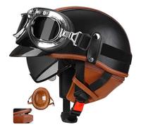German leather motorcycle half helmet, ECE certified retro open face helmet with visor, suitable for scooters, men's and women's helmets, helmet quick release buckle 11,XL59-60CM