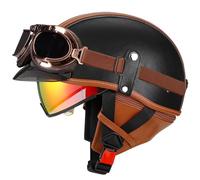 German Leather Motorcycle Half Helmet ECEDOT Approved Adult Men Women Retro Open Face Helmet Vintage Motorbike Half Helmet with Goggles, for Bicycle Cruiser Scooter 17,L=59~60cm