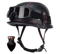 German leather motorcycle half helmet vintage half helmet jet helmet with goggles, quick release buckle ECE certified, suitable for cruisers helicopter riders mopeds, unisex A,M55-56CM