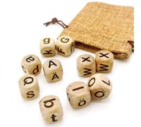 German Letters Dice Teaching Set - 10 Solid Pine Wood Dice of 16MM, with 52 Letters(Cap. & Lwr. Case) and 8 Special Characters, Linen Storage Bag Included