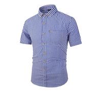 German Oktoberfest Traditional Checkered Button-Down Shirt - Short Sleeve Casual Bavarian Plaid Blouse for Beer Festival,Halloween,Carnival Outfit Blue