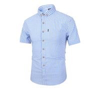 German Oktoberfest Traditional Checkered Button-Down Shirt - Short Sleeve Casual Bavarian Plaid Blouse for Beer Festival,Halloween,Carnival Outfit Light Blue