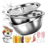 German Quality 3-in-1 Stainless Steel Grater Bowl, Multifunctional Colander Strainer & Mixing Bowl, Basins Strainer Set with Draining Base & Grater for Kitchen Washing Fruits and Vegetables(26cm)