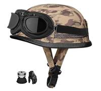 German Retro Genuine Leather Motorcycle Helmet, Open-Faced Motorcycle Helmet With Black Visor, Ece Certified, Suitable For Cruisers, Street Bikes, Scooters, Etc. F,M:56-57CM