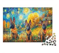 German Shepherd 1000 Piece Jigsaw Puzzle Set for Teen Puzzle Fans Recycled Paper Three GSDs Starry Decor Home Decor Wall Art Gift for Couples Indoor Activity Puzzle 70x50cm/1000pcs