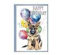 German Shepherd 2 Puppy Dog -Birthday Card - Balloons and Confetti