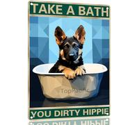German Shepherd 8x12 Inch Aluminum Sign for Dog Lovers Take A Bath You Dirty Hippie-Vintage Retro Dog Metal Wall Art,Dog Hippie Metal Tin Sign for Home Toilet Bathroom