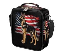 German Shepherd American Flag Kids Lunch Bag for Boys Girls, Reusable Insulated Leakproof Lunch Box with Shoulder Strap, Toddler Cooler Tote for School Picnic Travel Beach Hiking Fishing