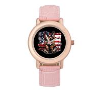 German Shepherd American Flag Women's Wrist Watch Fashion Wristwatches with Pink Strap Gifts for Women Mother Wife Birthday