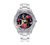 German Shepherd and Flowers in Galaxy Quartz Wrist Watch Stainless Steel Watches for Men Women Easy to Read