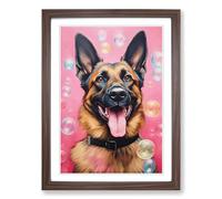 German Shepherd Bubble Gum Painting Framed Wall Art Print, Ready to Hang Picture for Living Room Bedroom Home Office, Walnut A2 (48 x 66 cm)