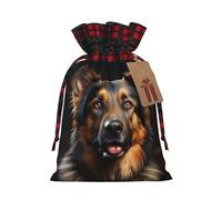 German Shepherd Christmas Drawstring Gift Bags, M Rustic Linen Tartan Pouches with Tags for Wedding Party Favours