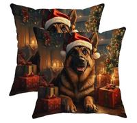 German Shepherd Christmas Throw Pillow Covers, Red and Green Holiday Decorative Pillow Case, Winter Xmas Animal Lover Cushion for Home Sofa Bedroom Living Room 20x20 Inch