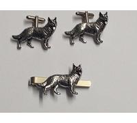 German Shepherd d2 On A Pair of Cufflinks With A Tie Slide Set Fine English Modern Pewter POSTED BY US GIFTS FOR ALL 2016 FROM DERBYSHIRE UK