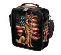 German Shepherd Dog American Flag Kids Lunch Bag for Boys Girls, Reusable Insulated Leakproof Lunch Box with Shoulder Strap, Toddler Cooler Tote for School Picnic Travel Beach Hiking Fishing