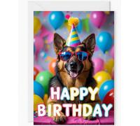 German Shepherd Dog Birthday Card - Fun Pet Greeting Card with Colourful Balloon Background