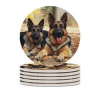 German Shepherd Dog Ceramic Coaster Round Drink Coaster with Cork Base Non-Slip Absorbent Cup Mat Suitable for Mug Beer Bar Coffee Table Protection Home Decor 6PCS