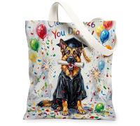 German Shepherd Dog Congrats Grad Canvas Tote Bag for Shopping 13 * 15, Fun Puppy Graduation Reusable Grocery Bag for Women, Class of 2026 Aesthetic Painting Gift Decor