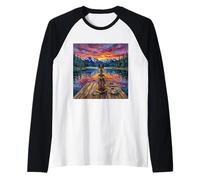 German Shepherd Dog on a Dock at Sunset Artwork Raglan Baseball Tee