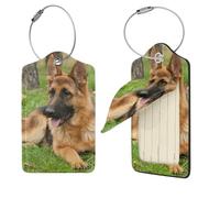 German Shepherd Dog Print Luggage Tag Leather with Stainless Steel Loop Privacy Cover Name ID Labels for Women Men