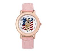 German Shepherd Dog U.S. Flag Classic Watches for Women Pink Leather Strap Trendy Quartz Watch for Small Wrists